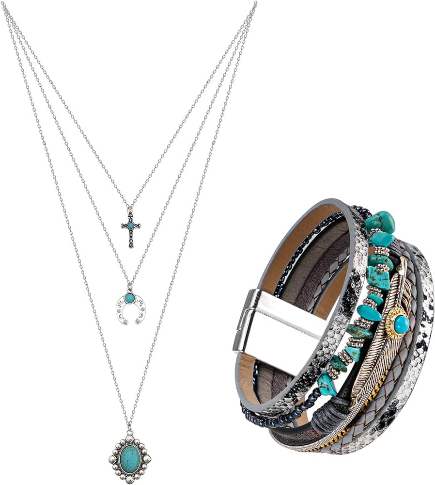 Yowivon Western Jewelry for Women, Bohemian Turquoise Necklace, Vintage Earrings and Bracelet,Dro... | Amazon (US)