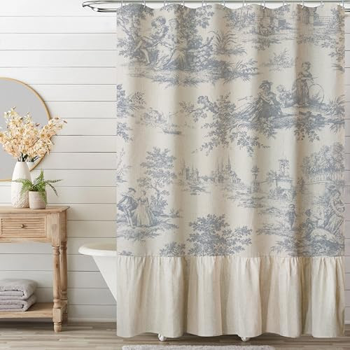 MUGINYU Ruffle Linen Shower Curtain with Blue and White Toile de Jouy for Vintage French Country Bathroom Decor Shabby Chic Chateau Toile Pattern 72x72 Inches | Amazon (US)
