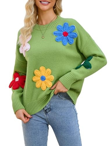 Aedceal Women Floral Sweater Long Sleeve Round Neck Casual Lounge Colorful Flower Knit Pullover Top(Green-S) | Amazon (US)