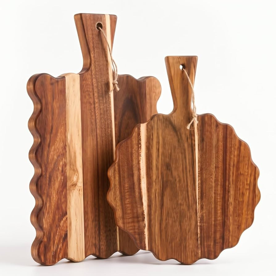 2 Pcs Acacia Wood Scalloped Wood Cutting Board with Handle for Kitchen | Amazon (US)