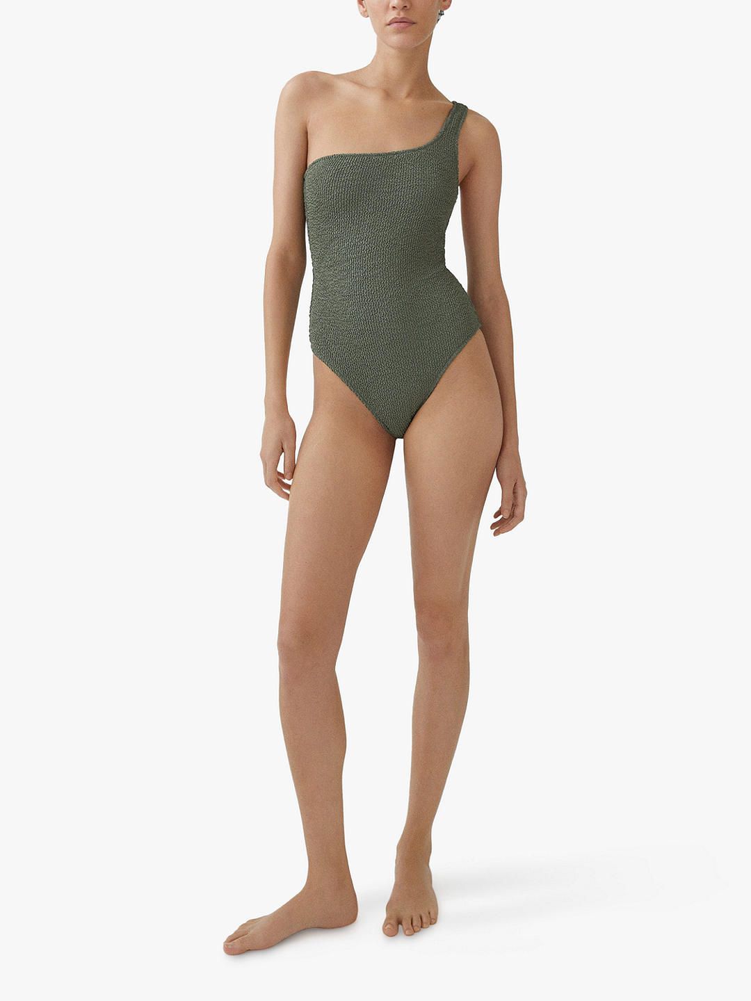Mango Milos Asymmetrical Textured Swimsuit, Dark Green | John Lewis (UK)
