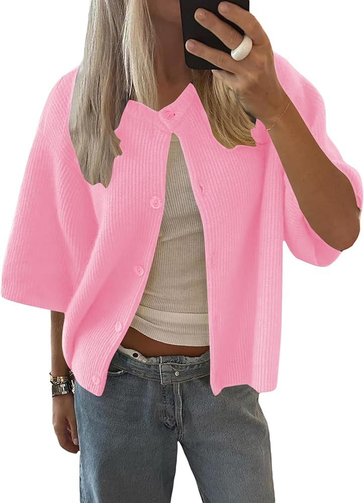 LOMON Womens Spring Summer Short Sleeve Cardigan Sweaters Trendy Crew Neck Button Down Lightweigh... | Amazon (US)