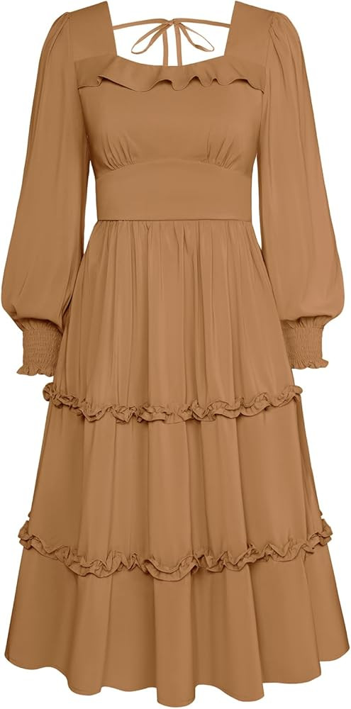 Belle Poque Women's Vintage Square Neck Long Puff Sleeve Tiered Dresses Smocked Elastic Waist Mid... | Amazon (US)