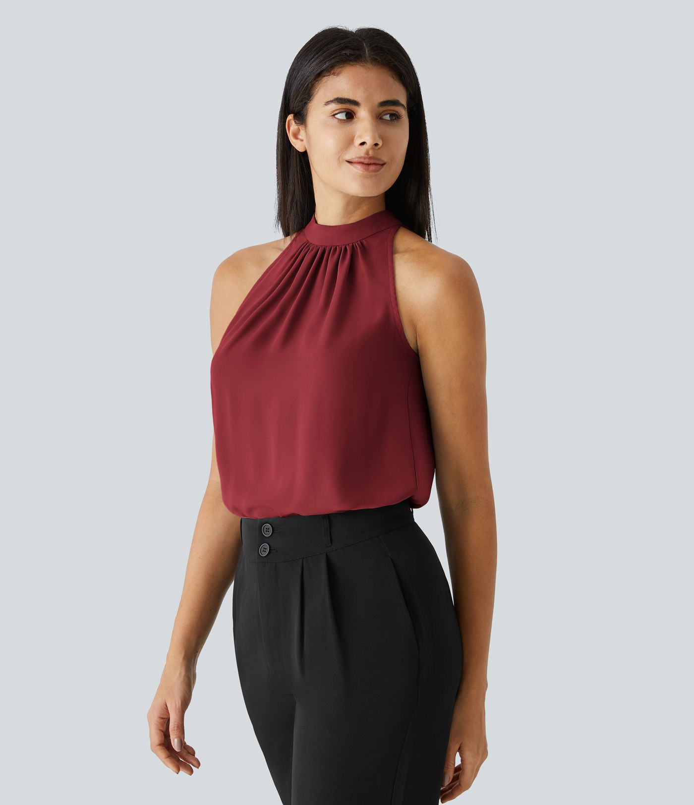 Women\u2019s Keyhole Back Halter Sleeveless Curved Hem Work Blouse - Halara | HALARA
