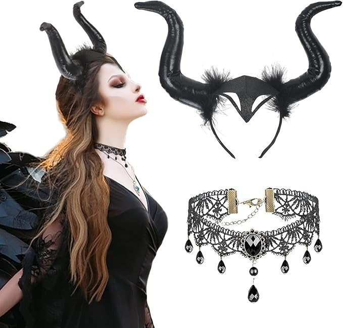 LAMEK 2 Pcs Königin Hörner Kopfschmuck Horn Kopfbedeckung Damen Halloween Haareif mit Gothic Re... | Amazon (DE)