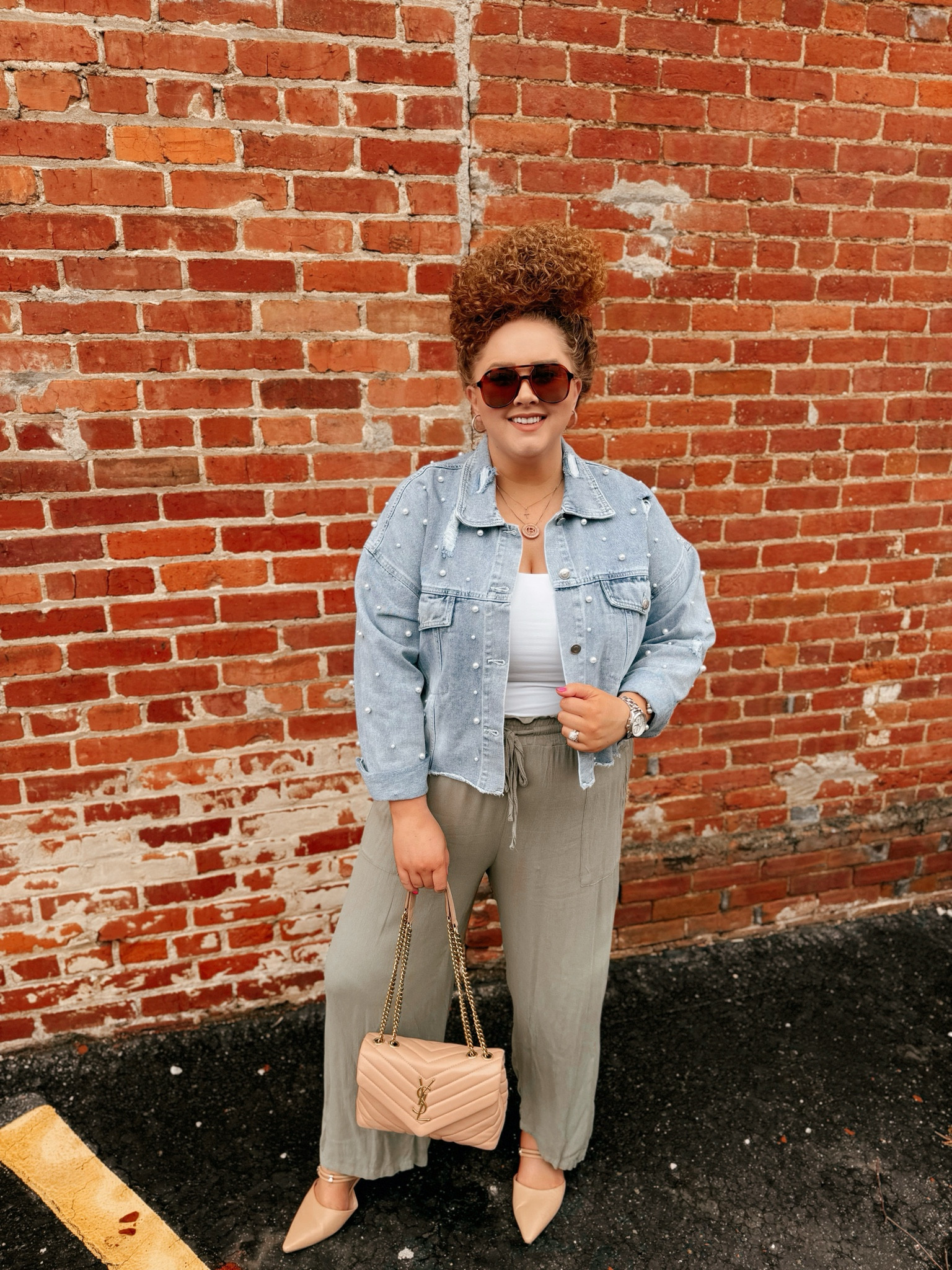 Pearl denim jackets are a closet staple ✨ denim jacket | pearl denim jacket | bodysuit | white bodysuit | amazon bodysuit | green pants | palazzo pants | green palazzo pants | amazon palazzo pants | flowy pants | green linen pants | amazon green pants | amazon pants | mules | nude mules | amazon mules | sunglasses | amazon sunglasses | amazon finds | amazon fashion | amazon look | amazon outfit 

#LTKstyletip #LTKSpringSale #LTKmidsize