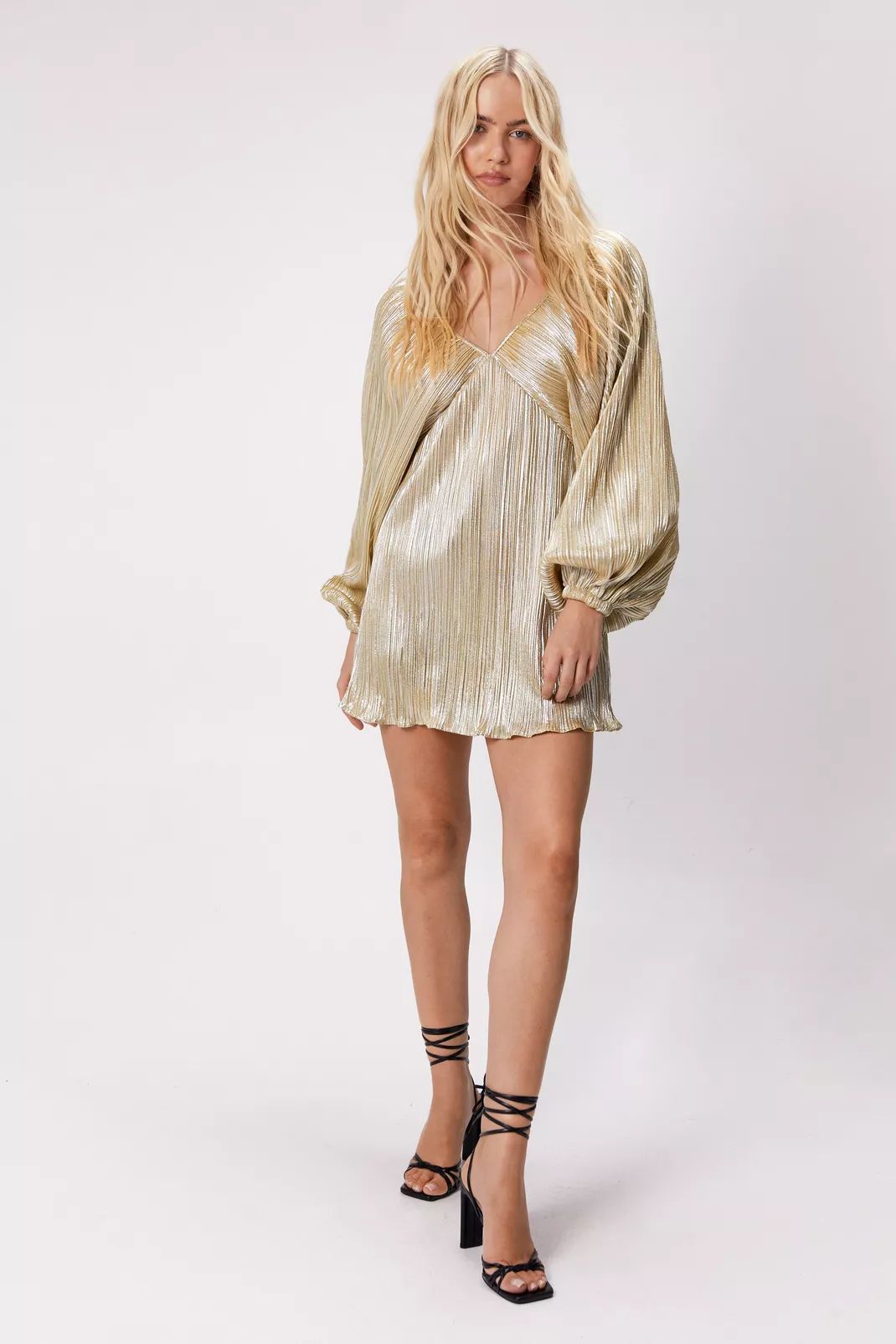 Metallic Pleated Balloon Sleeve Mini Dress | Nasty Gal (US)