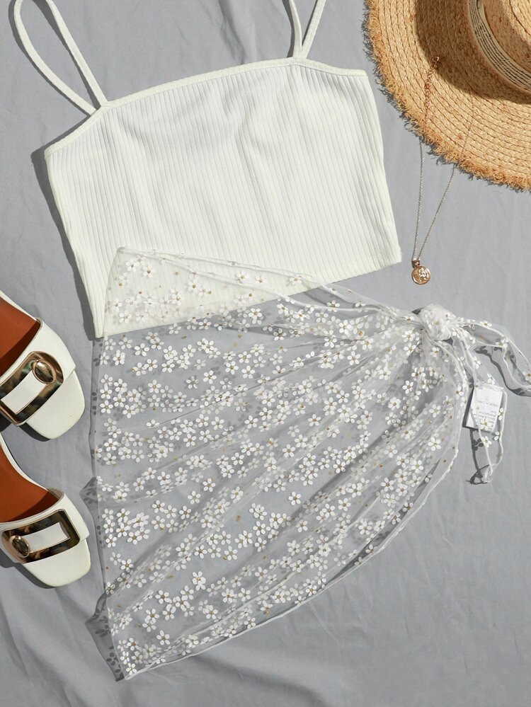 Knot Side Ditsy Floral Sheer Mesh Cover Up Skirt | SHEIN