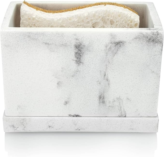 Essentra Home White Marble Kitchen Sponge Holder, Modern Kitchen Sink Caddy with Drain Tray | Amazon (US)
