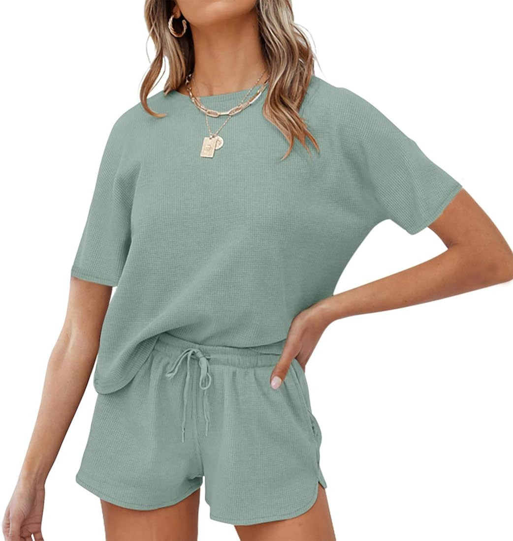 wkwmrpet Women's Waffle Knit Pjs Short Sleeve Top and Shorts Pullover Nightwear Lounge Pajama Set... | Amazon (CA)