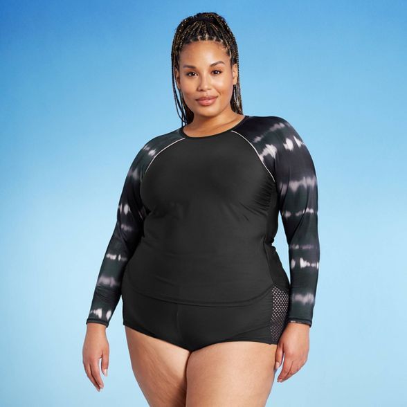 Women's Plus Size Long Sleeve Crewneck Rash Guard - All in Motion™ Black & White Tie-Dye Print | Target