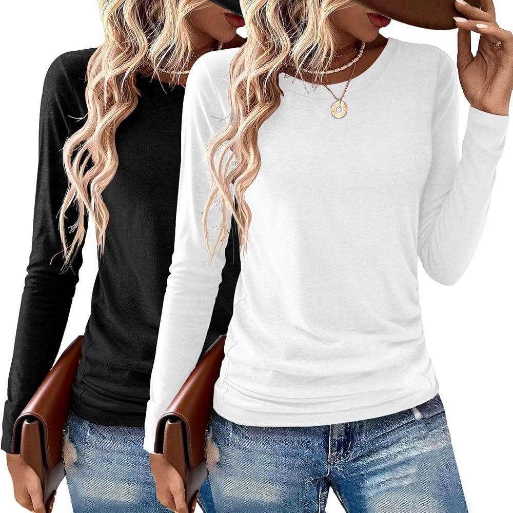 2 Pack Womens Tops Crewneck Soft Long Sleeve Shirts Fall Clothes Casual Tshirts Basic Tee | Amazon (US)