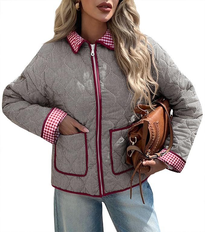 Tankaneo Womens Cropped Quilted Jackets Plaid Lightweight Full Zip Up Jacket Puffer Padded Coat w... | Amazon (US)