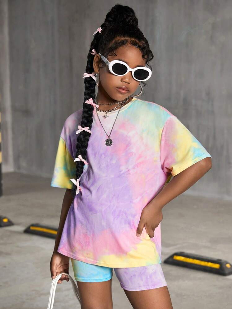 SHEIN Tween Girl Casual Street Style Tie-Dye Print Round Neck Loose T-Shirt And Skinny Leggings 2-Piece Set, Sibling Matching Outfits (Sold Separately) | SHEIN