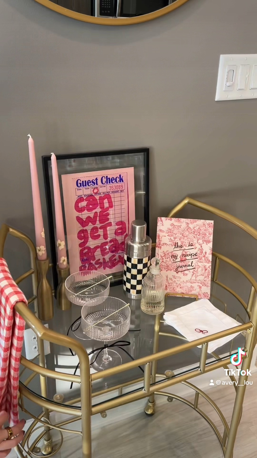 Valentine’s Day bar cart  💝💋

Tapered candles and holders are from World Market 

Recipe Book is from Friend of Mine