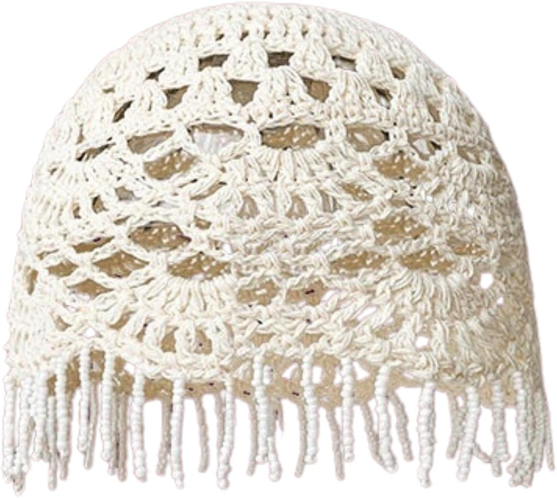 Summer Handmade Crochet Beanie with Beads Tassels Boho Hat for Wedding Vacation | Amazon (US)