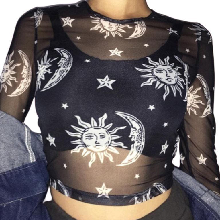 Dellytop Women Moon Sun Printed Mesh Sheer See-Though Tops | Walmart (US)