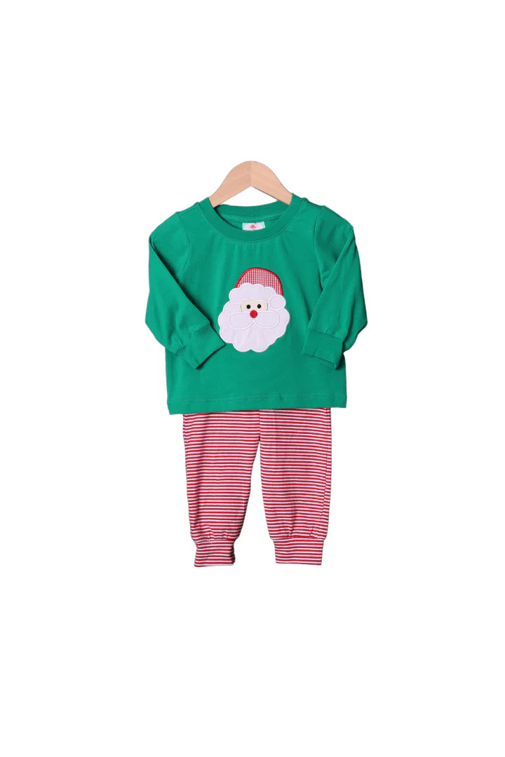 Green Stripe/Red Gingham Applique Santa Jogger Set | The Smocked Flamingo