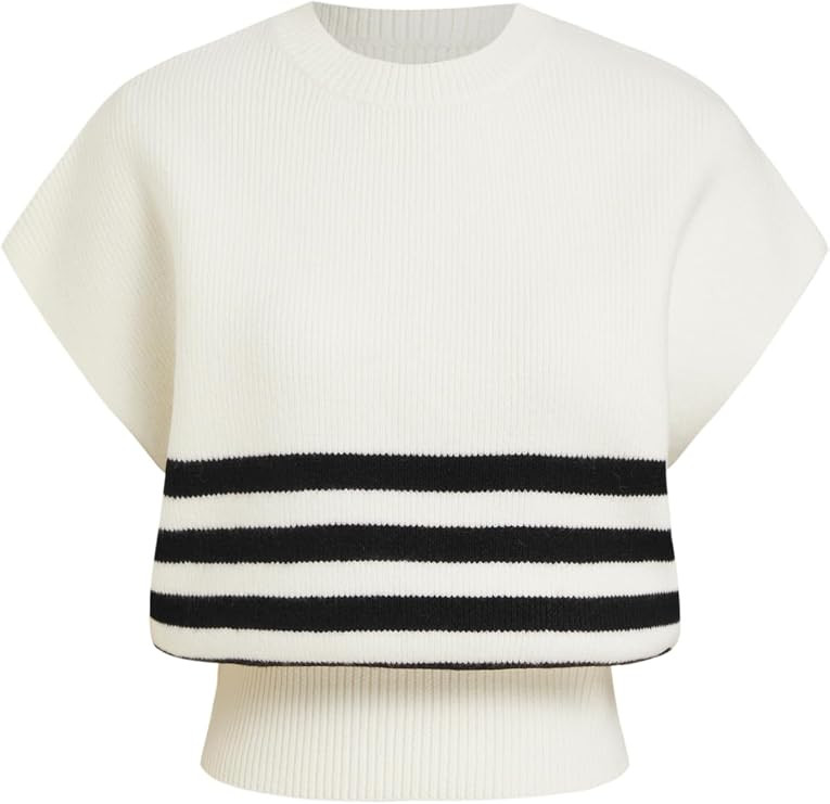 CIDER Womens Sweater Vest Crop Striped Crew Neck Cap Sleeve Tank Tops | Short Sleeve, Fall Winter... | Amazon (US)