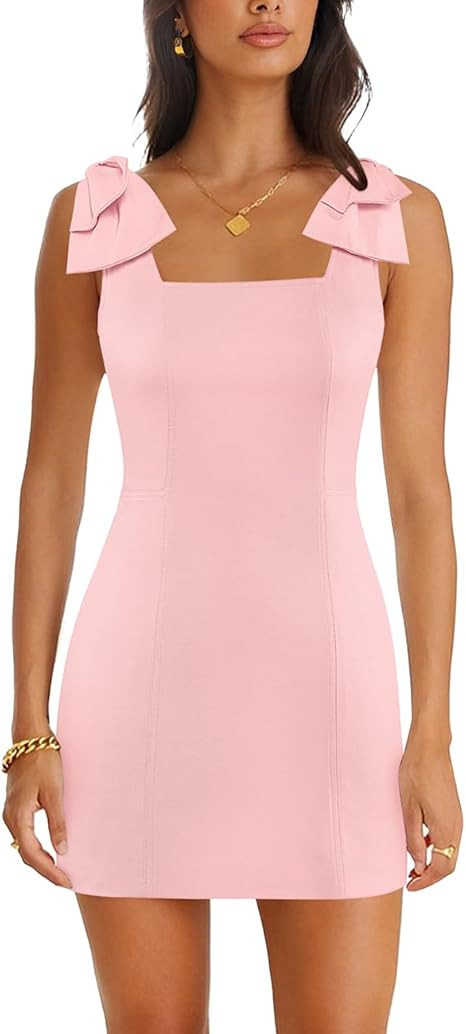 Cosonsen Women's Party Dress 2023 Square Neck Bow Strap Mini Sheath Dresses | Amazon (US)