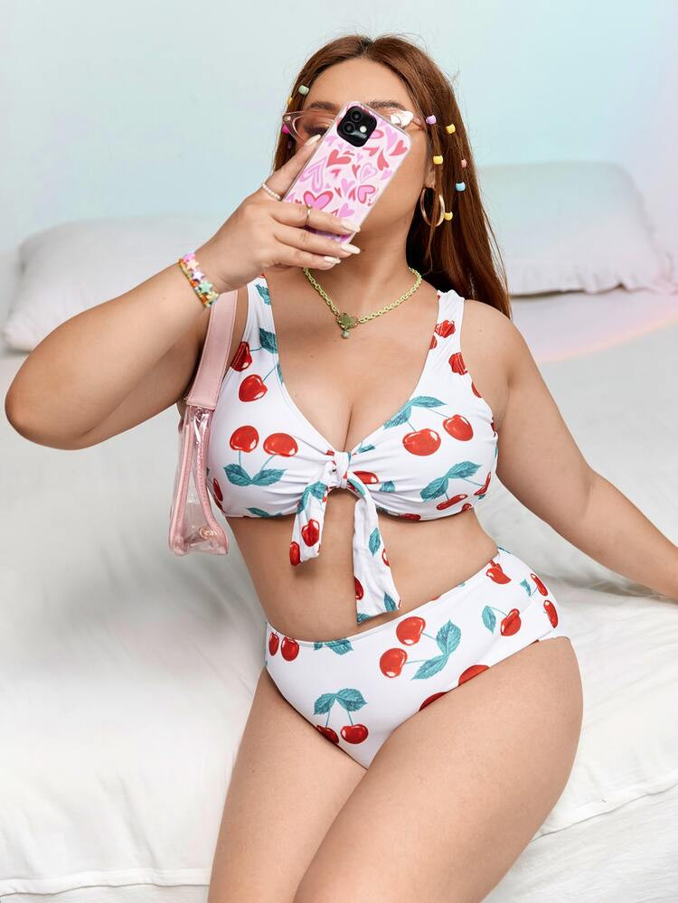 Plus Cherry Print Knot Front Bikini Swimsuit | SHEIN