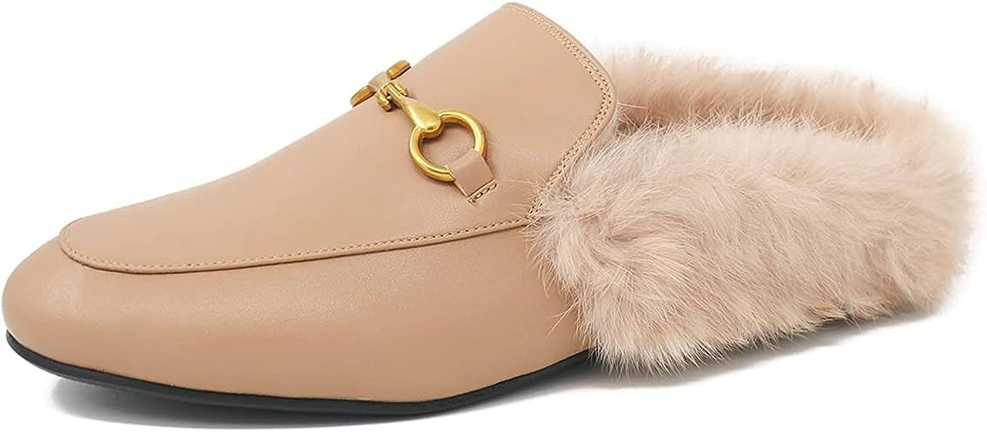 Amazon.com | Fur Mules for Women Leather Low Heel Loafers Pointed Toe Rabbit Furny Mule Flats Bac... | Amazon (US)