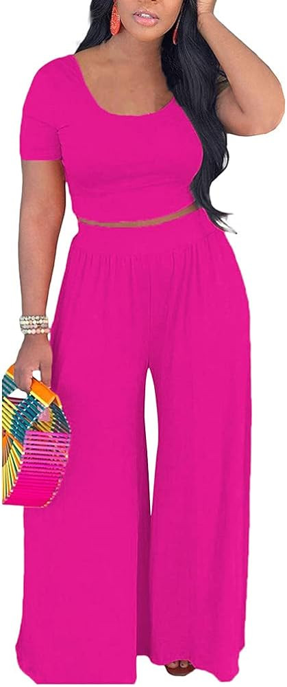 2 Piece Outfits for Women Sexy Backless Short Sleeve Crop Top High Waist Wide Leg Long Pant Sets ... | Amazon (US)