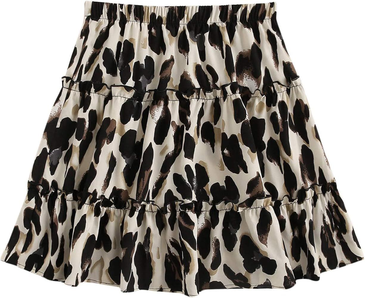 SheIn Women's Leopard Print Drawstring Waist Layer Ruffle Hem Short Skirt | Amazon (US)
