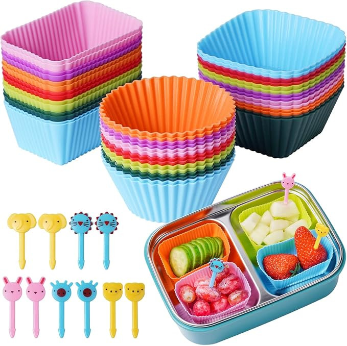 Silicone Lunch Bento Box, 52 Pack Bento Lunch Box Bundle Dividers with Food Picks Lunch Accessori... | Amazon (US)