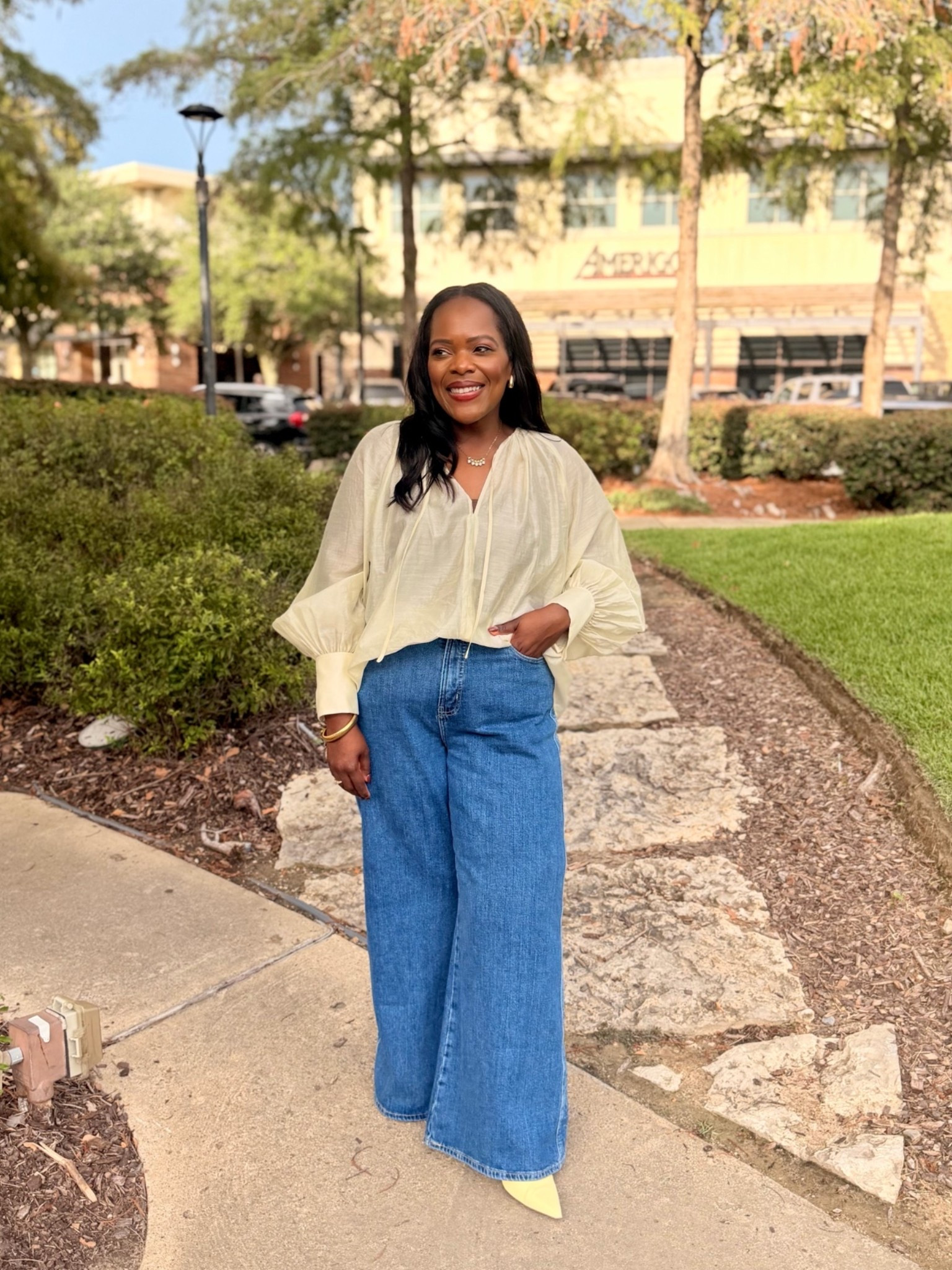 Casual Friday #ootd - so many compliments on this butter yellow blouse from @Dillards Inc. wearing a size small and jeans are from Old Navy, wearing a size 12 petite.

#LTKootd #LTKWorkwear #LTKPetite