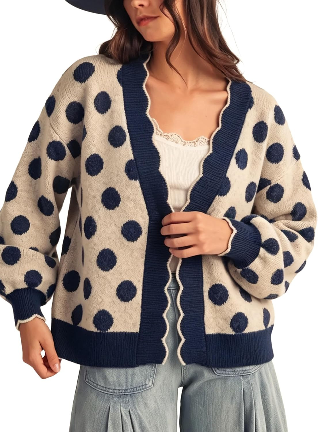 Yeokou Women's Polka Dot Cardigan Sweater Open Front Scalloped Trim Top | Amazon (US)