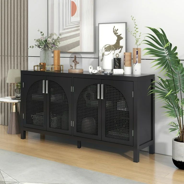 EUROCO 60'' Sideboard Storage Buffet Cabinet, Solid Wood Buffet Cabinet with 4 Artificial Rattan ... | Walmart (US)