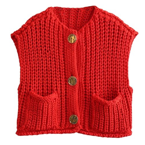 Women Y2k Sleeveless Button Down Knit Vest Casual Knitted Cardigan Short Cardigan with Pockets Vest Streetwear (Red,Small) | Amazon (US)