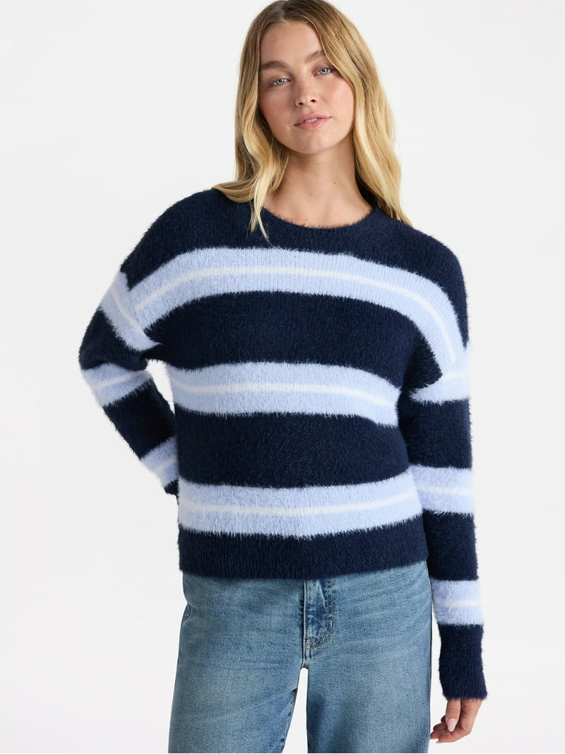 No Boundaries Striped Feather Sweater, Women's & Women's Plus | Walmart (US)