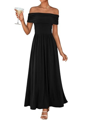 KIRUNDO Cocktail Dresses for Women 2026 Summer Off The Shoulder Ruched Pleated Long Flowy Formal Party Maxi Dresses Pockets(Black, Medium) | Amazon (US)