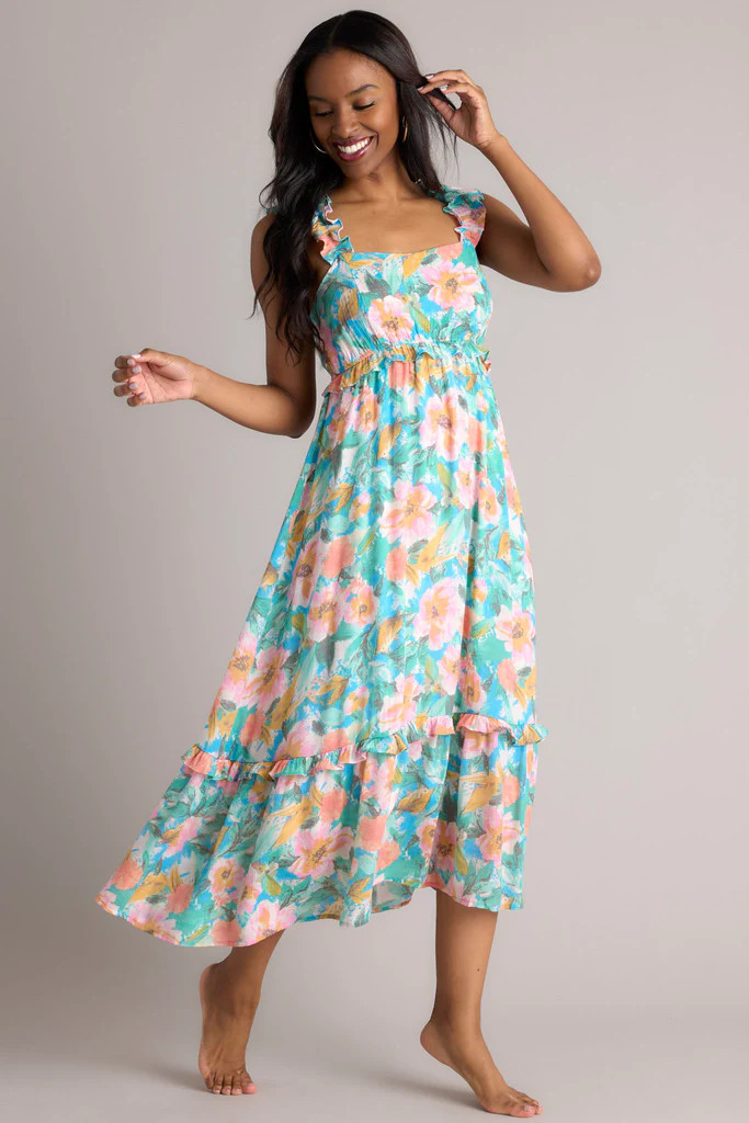 Meadow Magic Aqua Floral Print Midi Dress | Red Dress