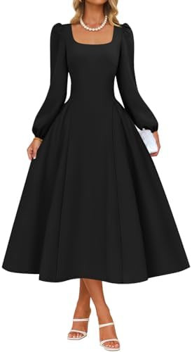 ZESICA Women's Long Sleeve Midi Dresses 2026 Fall Square Neck Swing A Line Wedding Guest Evening ... | Amazon (US)