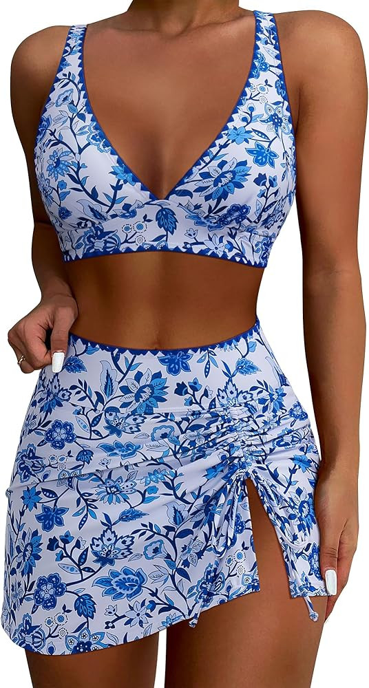 SUUKSESS Women High Waisted Bikini Sets with Skirt Sexy Crisscross Back Swimsuit | Amazon (US)