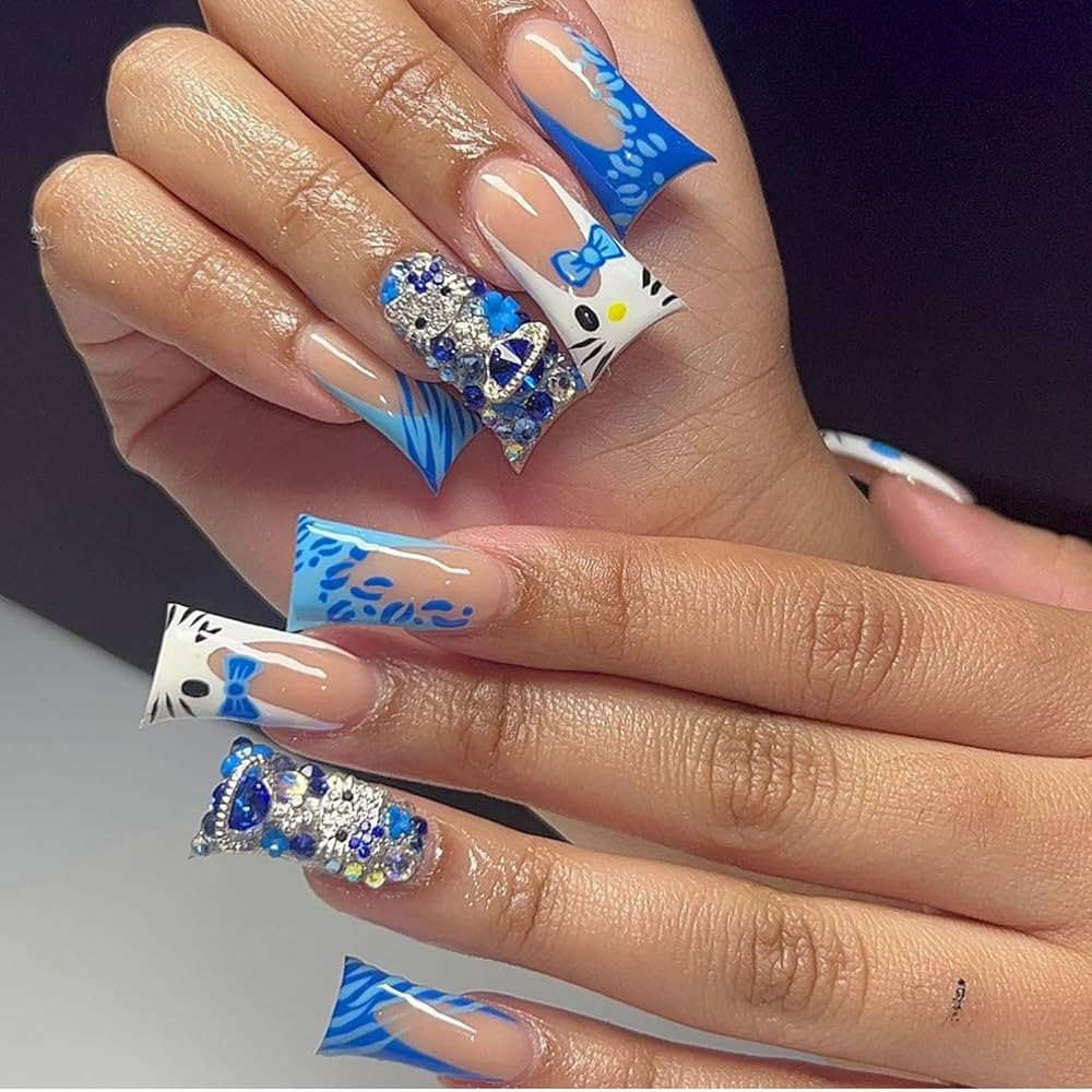 IMSOHOT Blue Press on Nails Gel Duck Fake Nails Handmade Y2K French False Nails Tips with Kitten ... | Amazon (US)