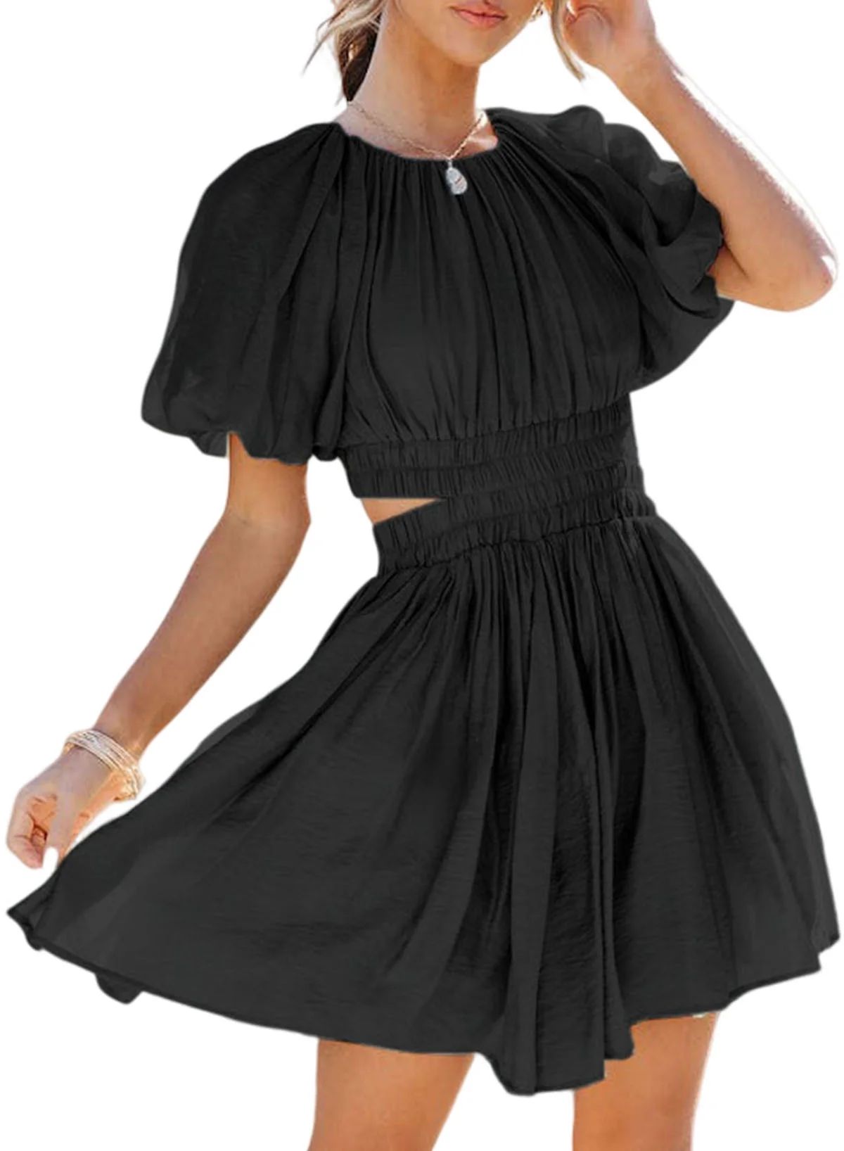 Dokotoo Women's Mini Dresses 2024 Fashion Puff Sleeve Crewneck Pleated Short Dresses Back Keyhole... | Walmart (US)