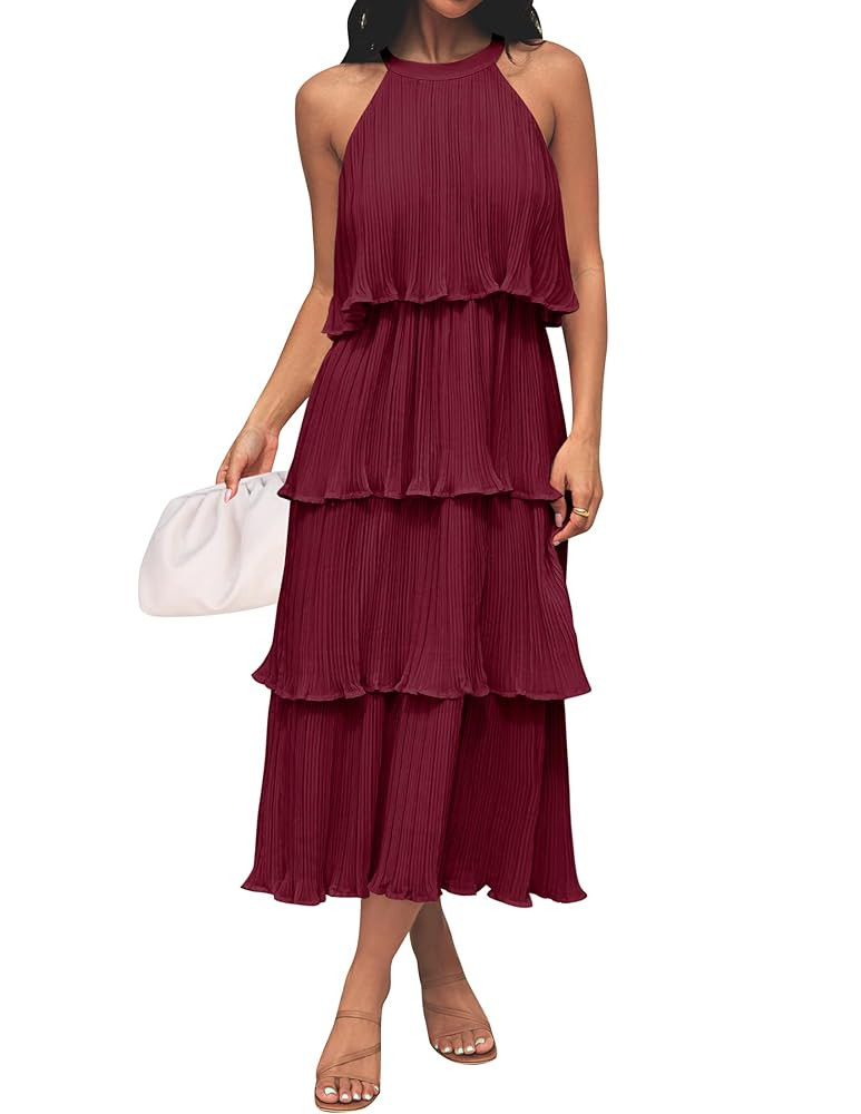 ZESICA Women's 2025 Summer Sleeveless Halter Neck Ruffle Tiered Layed Chiffon Flowy Swing Long Mi... | Amazon (US)