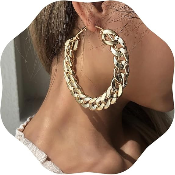 JWICOS Large Gold Round Loop Earrings for Women Punk Chunky Cuban Chain Hoop Earrings for Party | Amazon (US)
