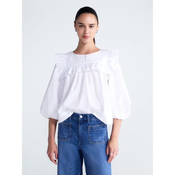 Free Assembly Women's and Women's Plus Ruffle Yoke Cotton Top with Puff Sleeves, Sizes XS-4X | Walmart (US)