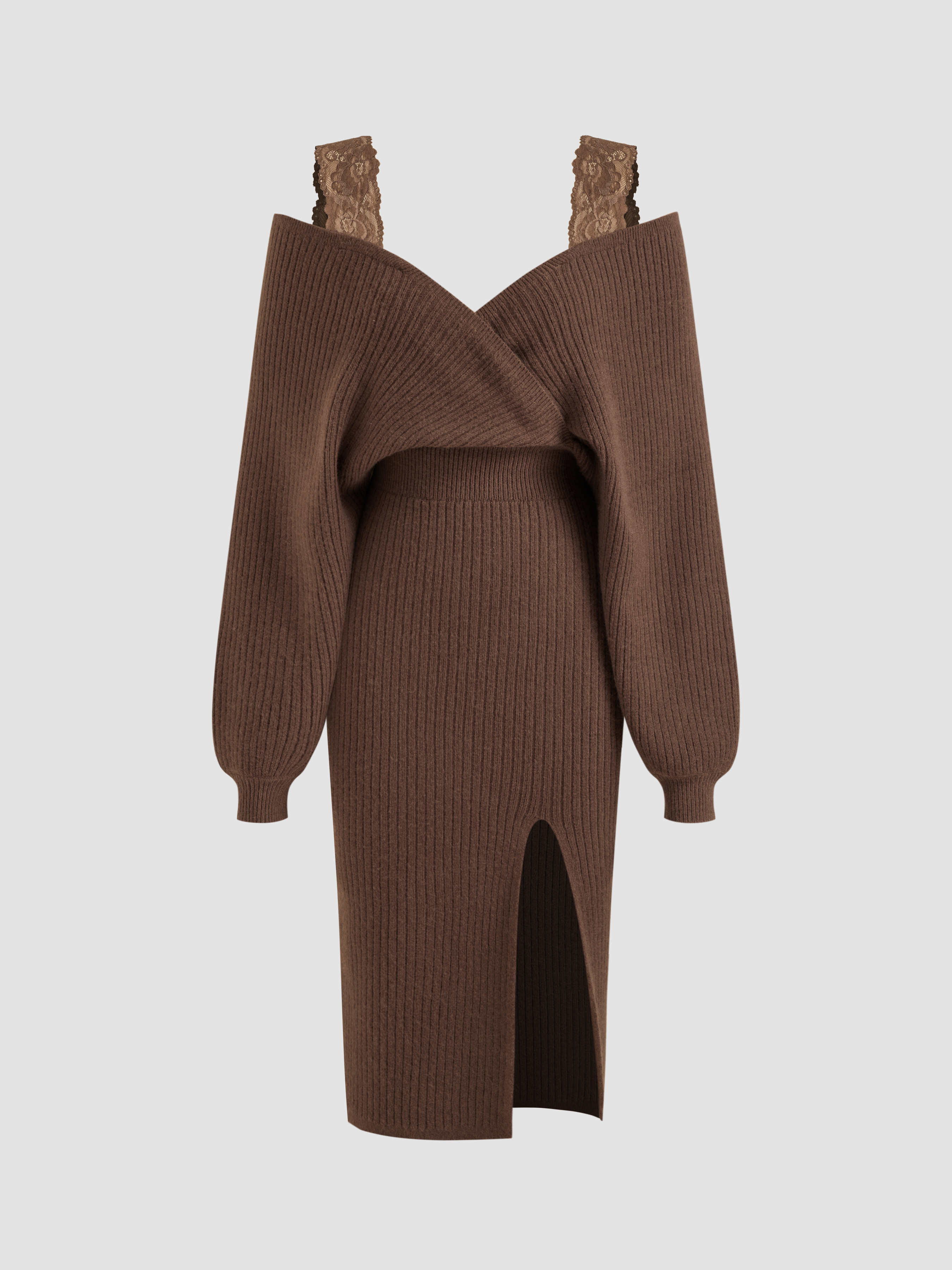 Fall Dresses Knit Fabric Knit Off-Shoulder Wrap Lace Split Midi Dress For Daily Casual Date Coffe... | Cider