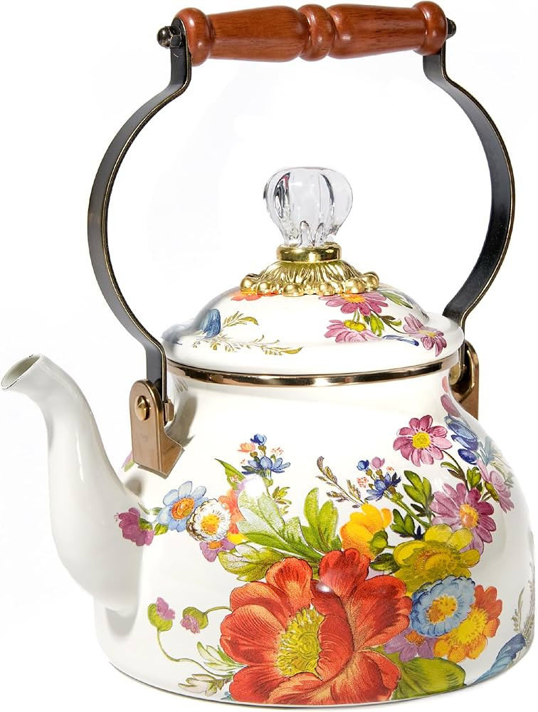 MACKENZIE-CHILDS Enamel Tea Kettle, Stylish Tea Kettle for Stovetop, White Flower Market, 2 Quart... | Amazon (US)