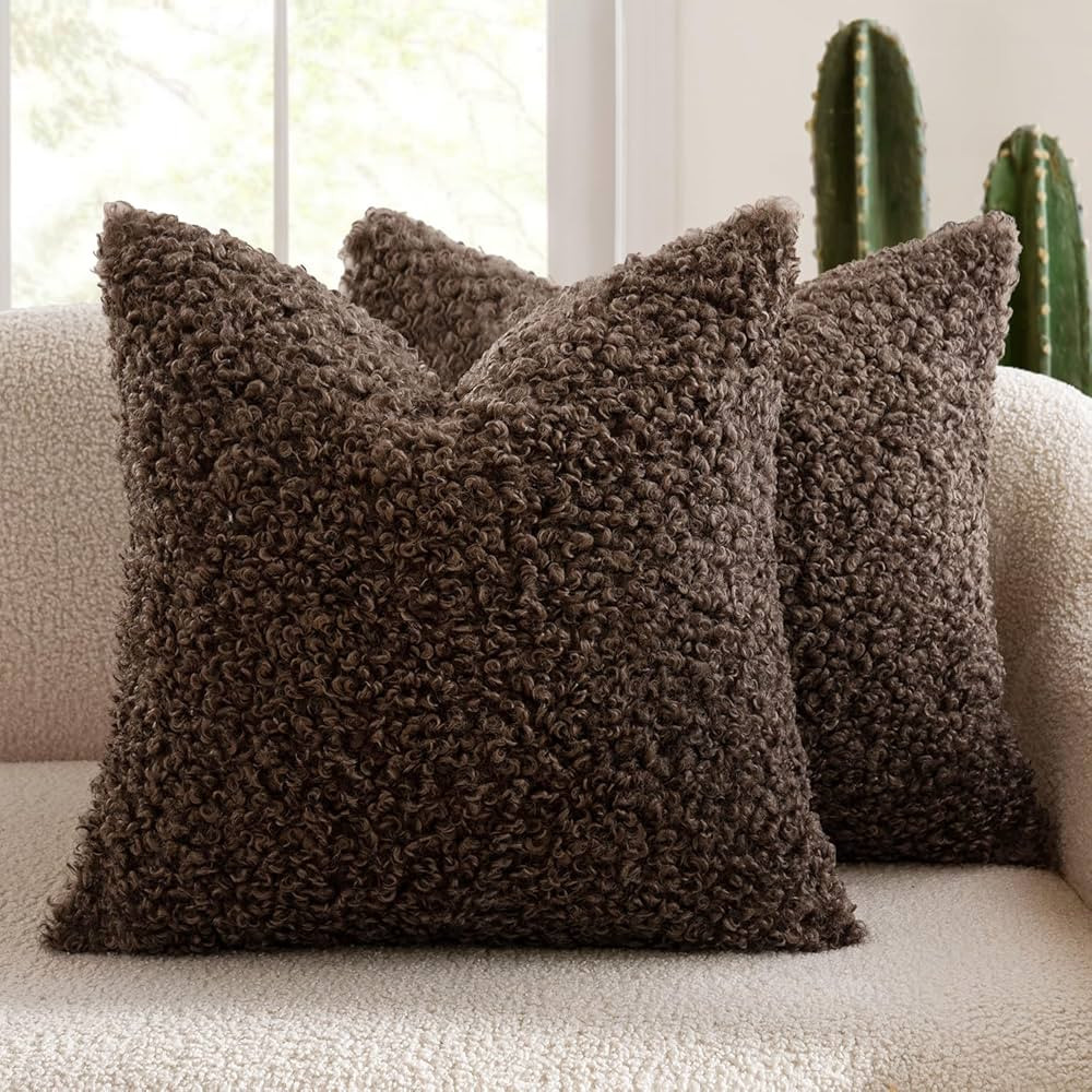 MIULEE Pack of 2 Faux Fur Chocolate Throw Pillow Covers 18x18 Inch Boucle Decorative Sherpa Pillo... | Amazon (US)
