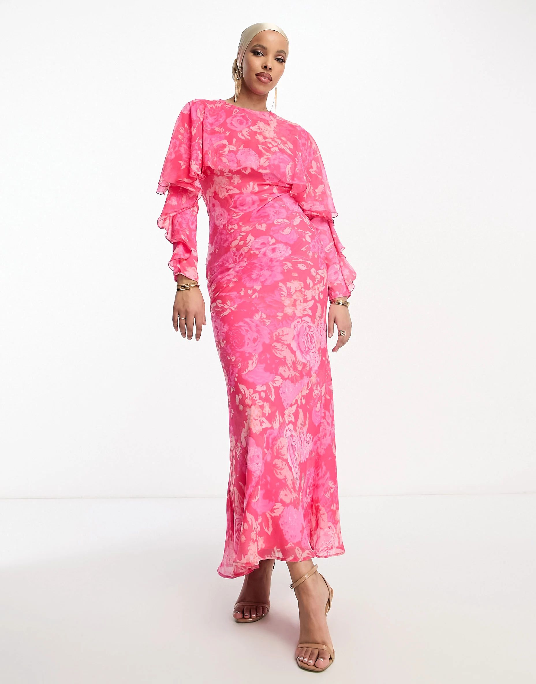 ASOS DESIGN long sleeve ruffle bias maxi dress with cape detail in pink rose floral print | ASOS (Global)