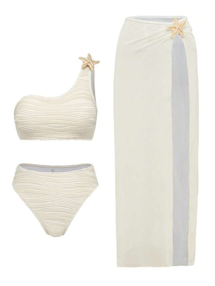 Swim Oasis Summer Beach Vacation Women 2 Pieces Set - Solid Color Wavy Print One Shoulder Metal Starfish Decor Top And High Cut Shorts + Mesh Starfish Decor Skirt Bikini Swimwear | SHEIN