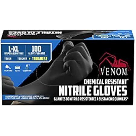 Venom Chemical-Resistant Disposable Nitrile Gloves, Black, Size Medium/Large, 100 Count | Amazon (US)