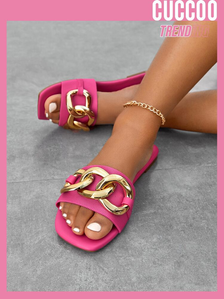 CUCCOO Trending Women Chain Decor Single Band Slide Sandals, Funky Colorblock Outdoor Fabric Flat... | SHEIN